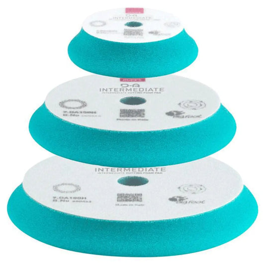 A turqouise foam polishing pad with white hook and loop interface