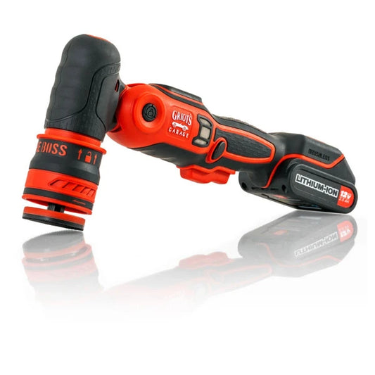 Red and black cordless car polishing machine on a white background